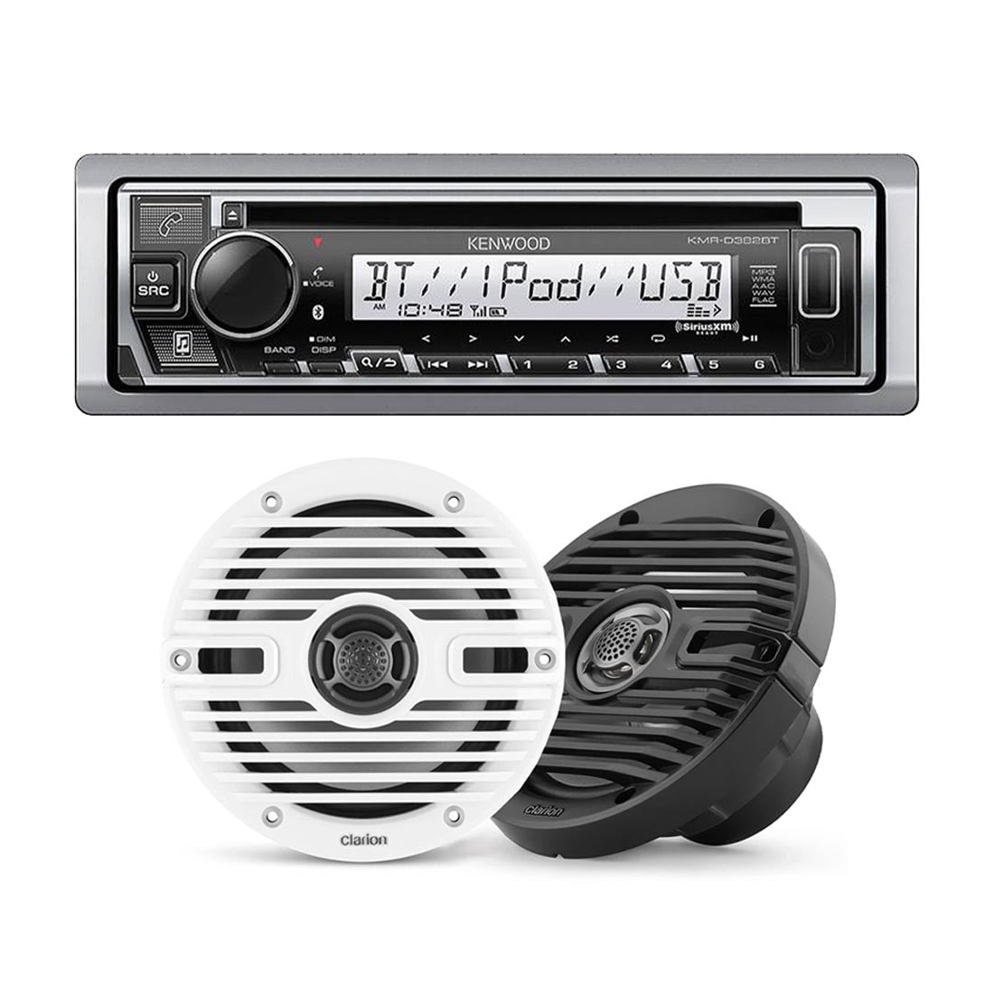 Kenwood KMR-D382BT Marine CD-Receiver | Clarion CMS-651 6.5" 2-way Marine Coaxial Speakers with Grilles - Bundle