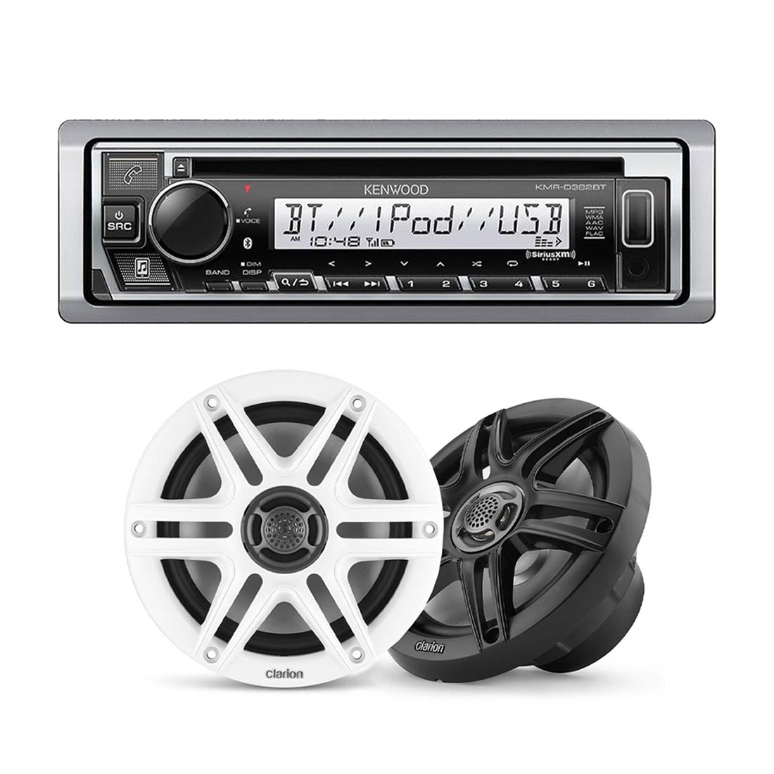 Kenwood KMR-D382BT Marine CD-Receiver | Clarion CMS-651 6.5" Marine Coaxial Speakers with Sport Grilles - Bundle