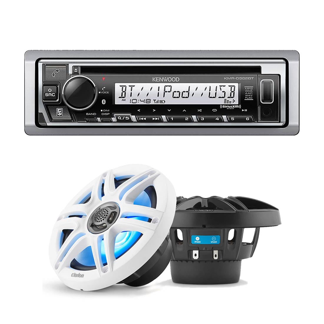 Kenwood KMR-D382BT Marine CD-Receiver | Clarion CMS-651 6.5" Marine RGB Speakers with Sport Grilles - Bundle