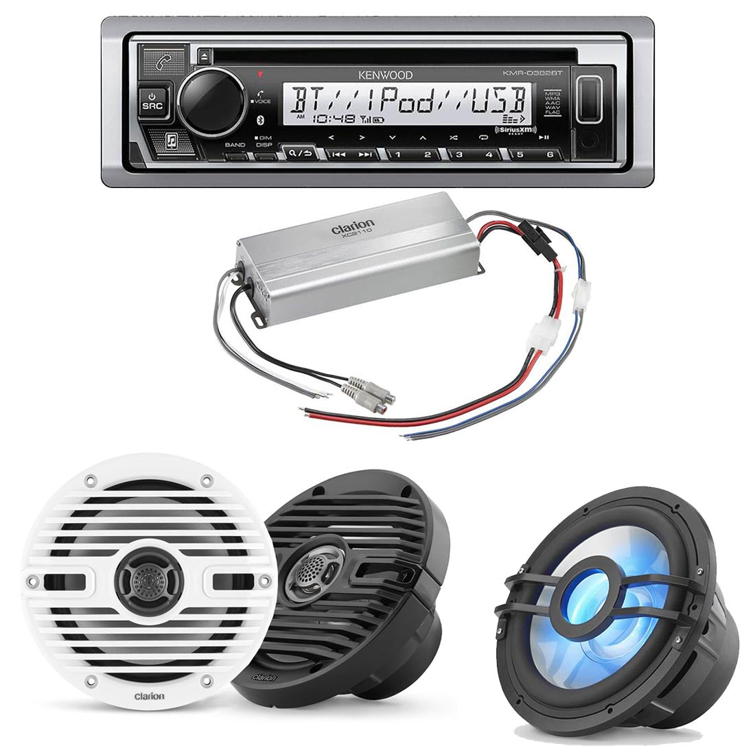 Kenwood KMR-D382BT Marine CD-Receiver | Clarion CMS-651 Marine Speakers | Clarion XC2110 Marine Amplifier | Clarion CMSP-101RGB 10" Marine Subwoofer - Bundle
