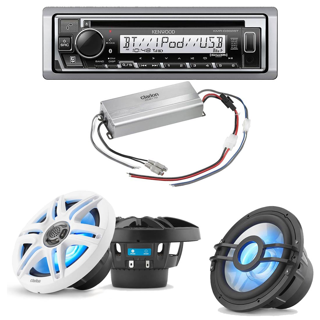 Kenwood KMR-D382BT Marine CD-Receiver | Clarion CMS-651 Marine Speakers | Clarion XC2110 Marine Amplifier | Clarion CMSP-101RGB 10" Marine Subwoofer - Bundle