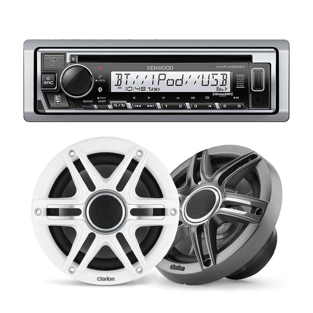 Kenwood KMR-D382BT Marine CD-Receiver | Clarion CMSP-651-SWG Premium 6.5" Marine Speakers - Bundle