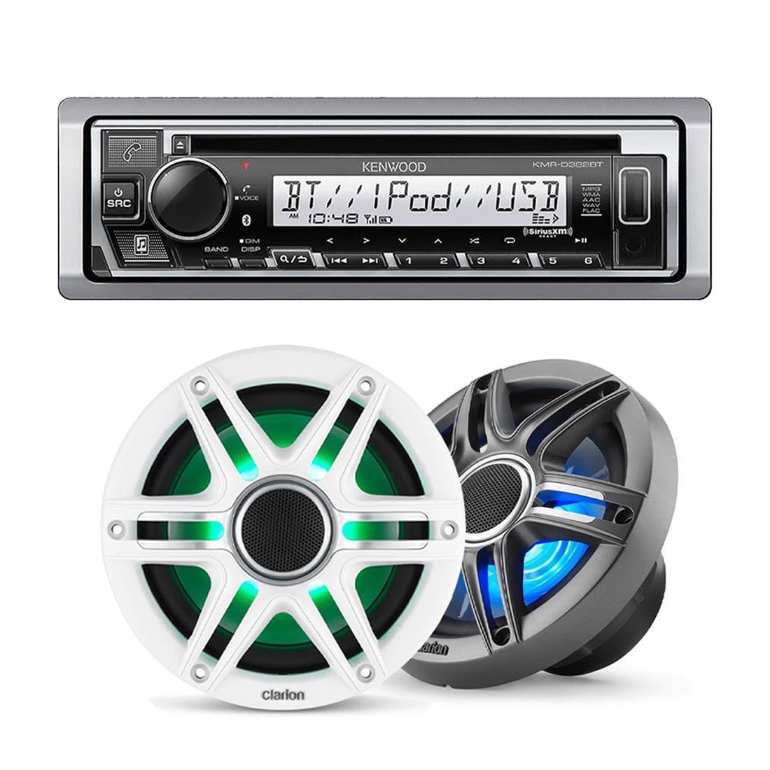 Kenwood KMR-D382BT Marine CD-Receiver | Clarion CMSP-651RGB-SWG Marine RGB Speakers - Bundle
