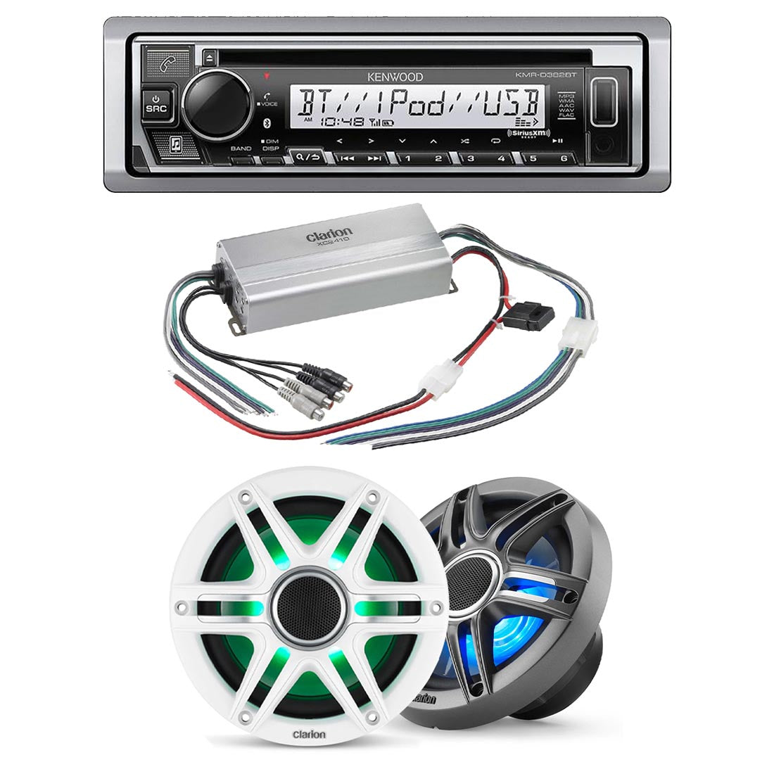 Kenwood KMR-D382BT Marine CD-Receiver | Clarion CMSP-651RGB-SWG Premium Marine RGB Speakers | Clarion XC2410 Marine Amplifier - Bundle