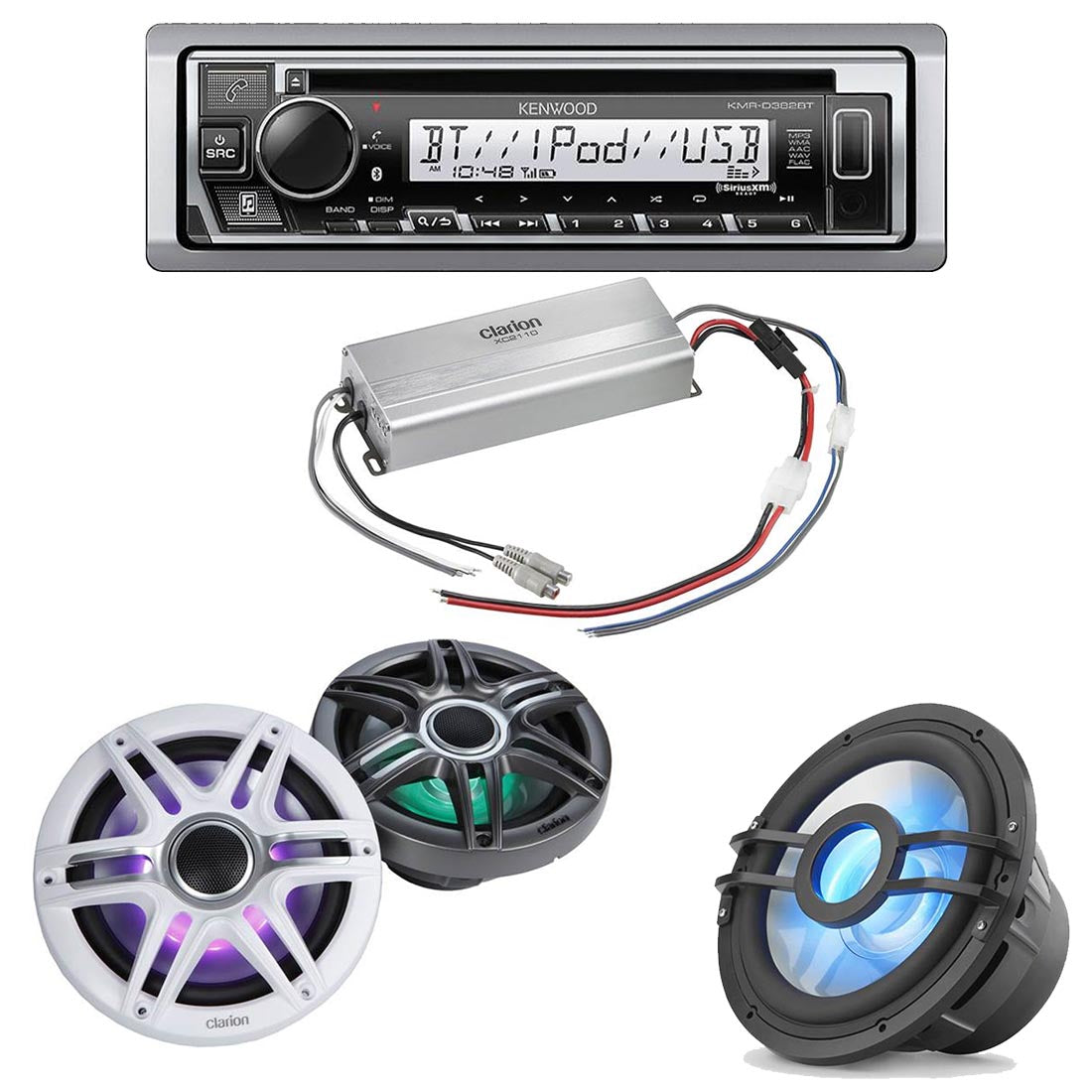 Kenwood KMR-D382BT Marine CD-Receiver | Clarion CMSP-771RGB-SWG 7.7" Marine RGB Speakers | Clarion XC2110 Marine Amplifier | Clarion CMSP-101RGB 10" Marine Subwoofer - Bundle