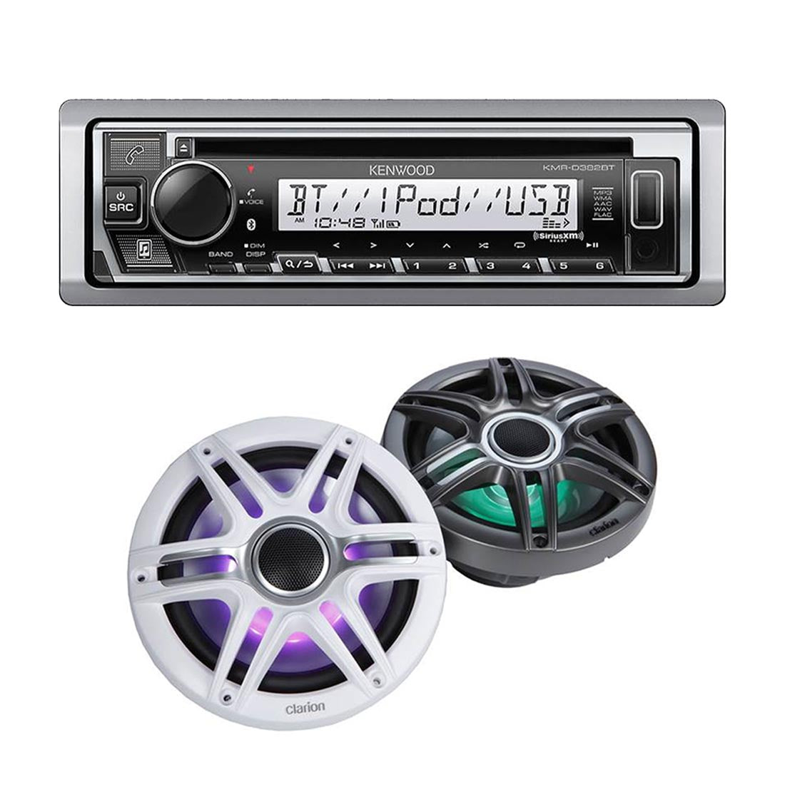Kenwood KMR-D382BT Marine CD-Receiver | Clarion CMSP-771RGB-SWG Marine RGB Speakers - Bundle