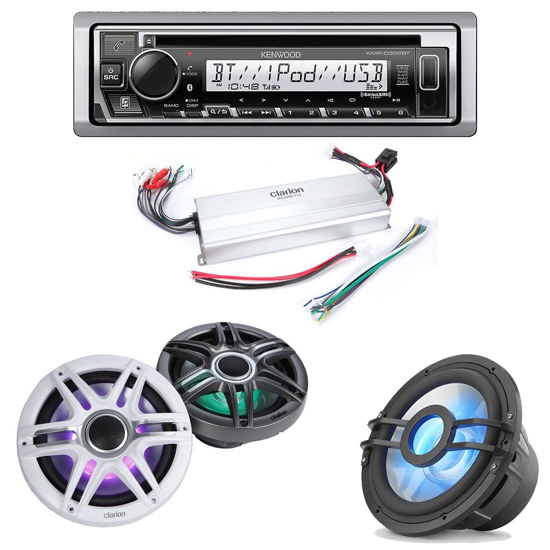Kenwood KMR-D382BT Marine CD-Receiver | Clarion CMSP-771RGB-SWG Marine RGB Speakers | Clarion XC2510 Compact Class D 5-Channel Marine Amplifier | Clarion CMSP-101RGB-4 10" Marine Subwoofer - Bundle