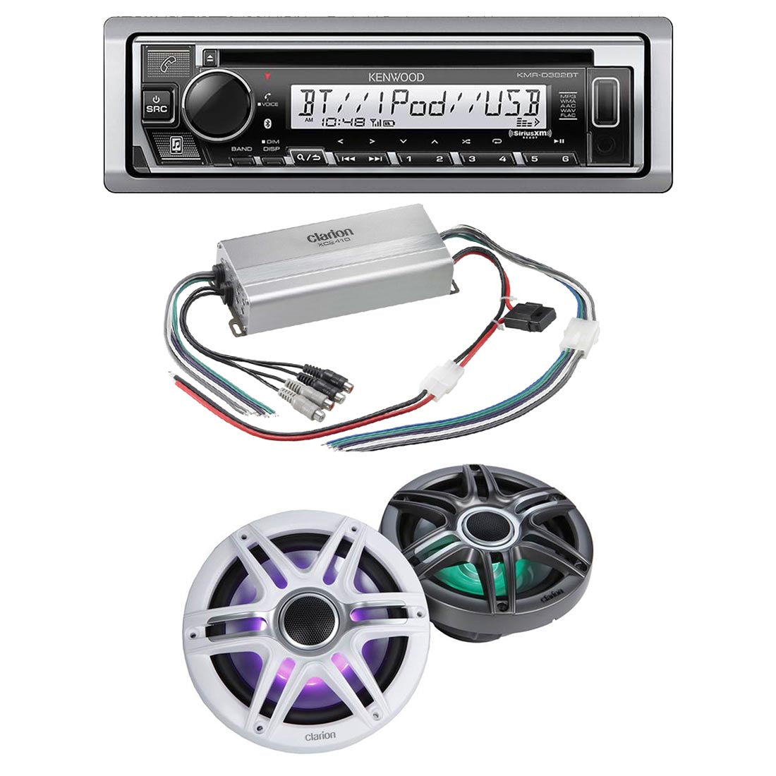 Kenwood KMR-D382BT Marine CD-Receiver | Clarion CMSP-771RGB-SWG Premium Marine Coaxial Speakers | Clarion XC2410 Marine Amplifier - Bundle
