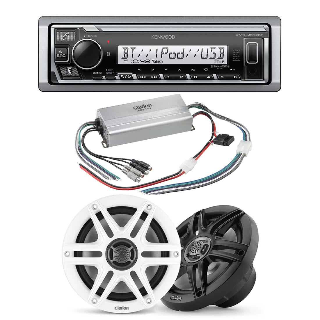 Kenwood KMR-M332BT Marine Digital Media Receiver | Clarion CMS-651-SWB Marine Speakers | Clarion XC2410 Marine Amplifier - Bundle