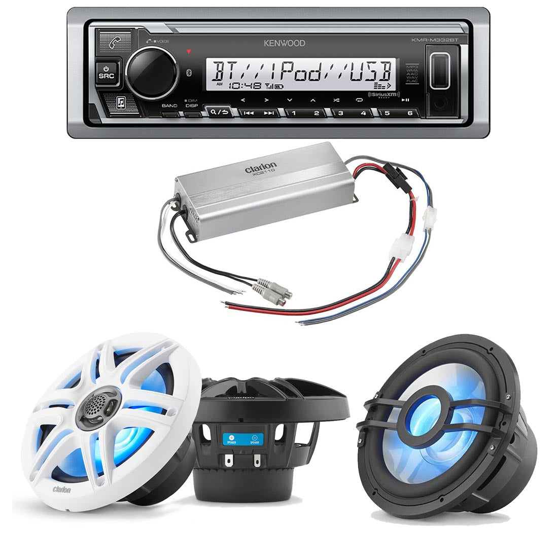 Kenwood KMR-M332BT Marine Digital Media Receiver | Clarion CMS-651 RGB Marine Speakers | Clarion XC2410 Marine Amplifier | Clarion CMSP-101RGB 10" Marine Subwoofer - Bundle