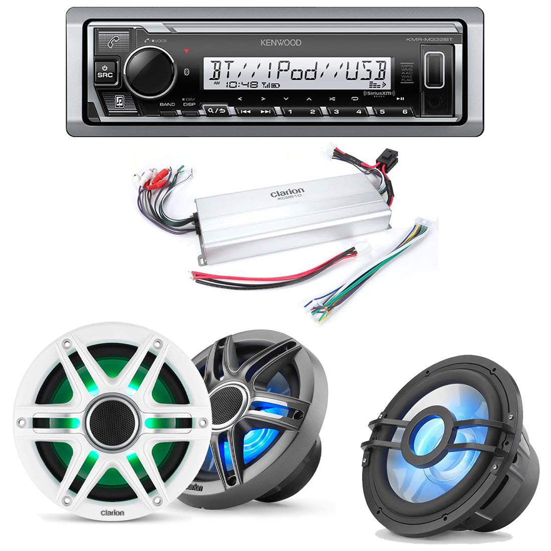 Kenwood KMR-M332BT Marine Digital Media Receiver | Clarion CMSP-651RGB-SWG Marine RGB Speakers | Clarion XC2510 Compact Class D 5-Channel Marine Amplifier | Clarion CMSP-101RGB 10" Marine Subwoofer - Bundle