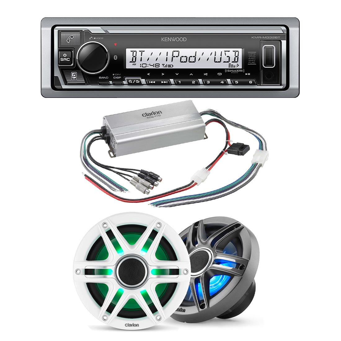 Kenwood KMR-M332BT Marine Digital Media Receiver | Clarion CMSP-651RGB-SWG Marine Speakers | Clarion XC2410 Marine Amplifier - Bundle
