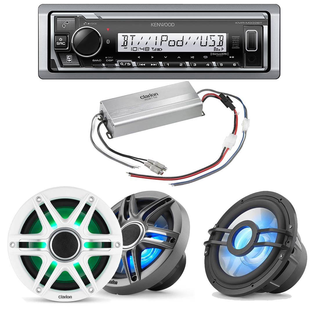 Kenwood KMR-M332BT Marine Digital Media Receiver | Clarion CMSP-651RGB-SWG Premium Marine RGB Speakers | Clarion XC2410 Marine Amplifier | Clarion CMSP-101RGB 10" Marine Subwoofer - Bundle