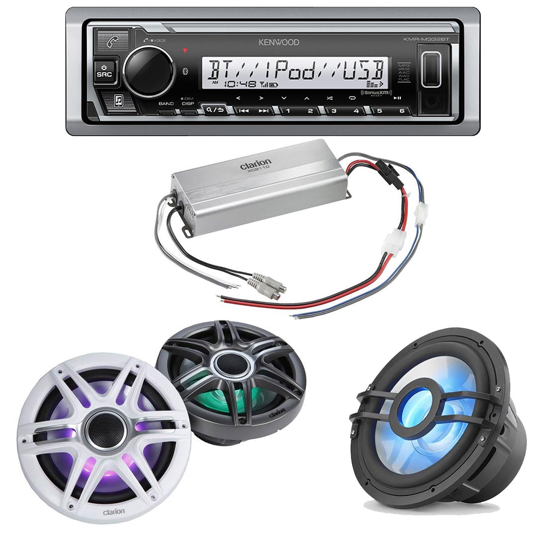 Kenwood KMR-M332BT Marine Digital Media Receiver | Clarion CMSP-771RGB-SWG 7.7" Premium Marine RGB Speakers | Clarion XC2410 Marine Amplifier | Clarion CMSP-101RGB 10" Marine Subwoofer - Bundle