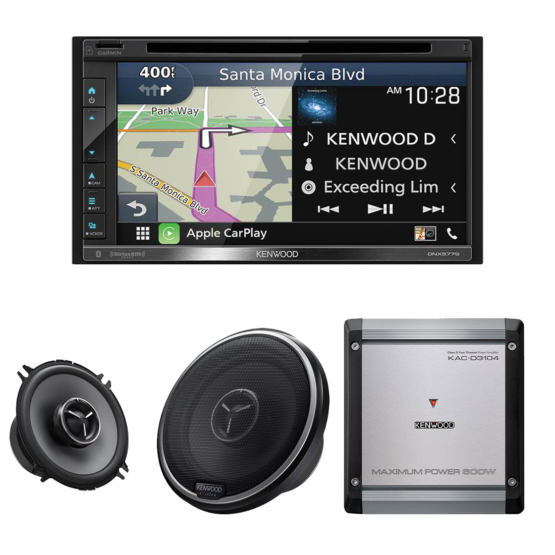 Kenwood DNX577S 6.8" DVD/CD Navigation Receiver | KAC-D3104 Class D 4-Channel Power Amplifier | Kenwood eXcelon KFC-X134 5.25" 2-Way Speakers - Bundle