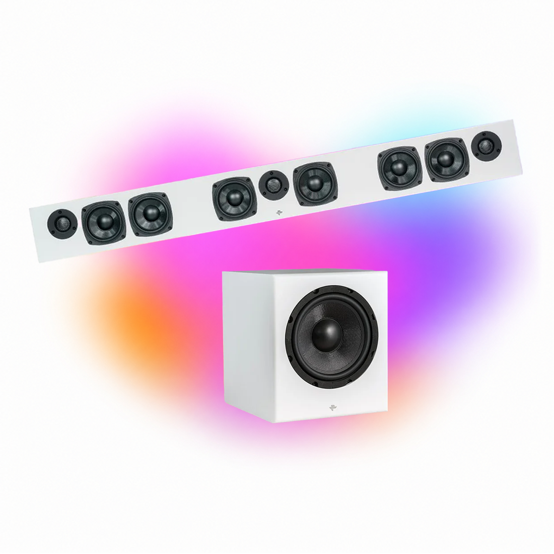 KIN Force Passive 3-Channel Soundbar Speaker - Each | KIN Sub 8 Powered Subwoofer with 8" Driver, 200W Class D - White - BUNDLE