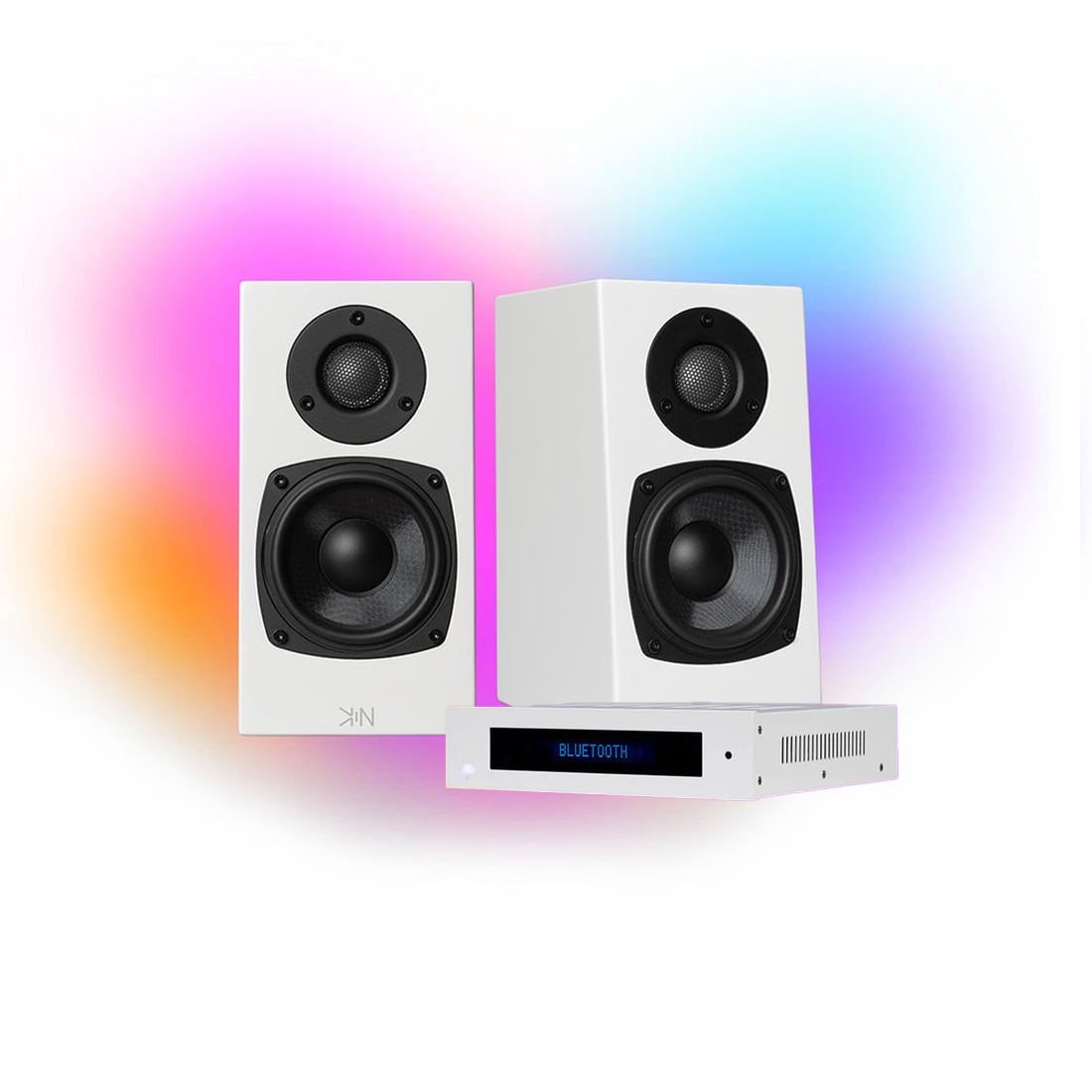 KIN One Bookshelf Speakers with 4" Woofer - White Pair | KIN Amp Bluetooth Stereo Amplifier - White - BUNDLE
