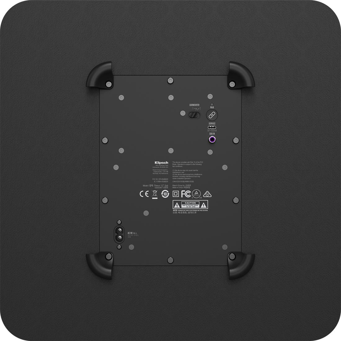Back view of a Flexus Sub 200 subwoofer with inputs and outputs