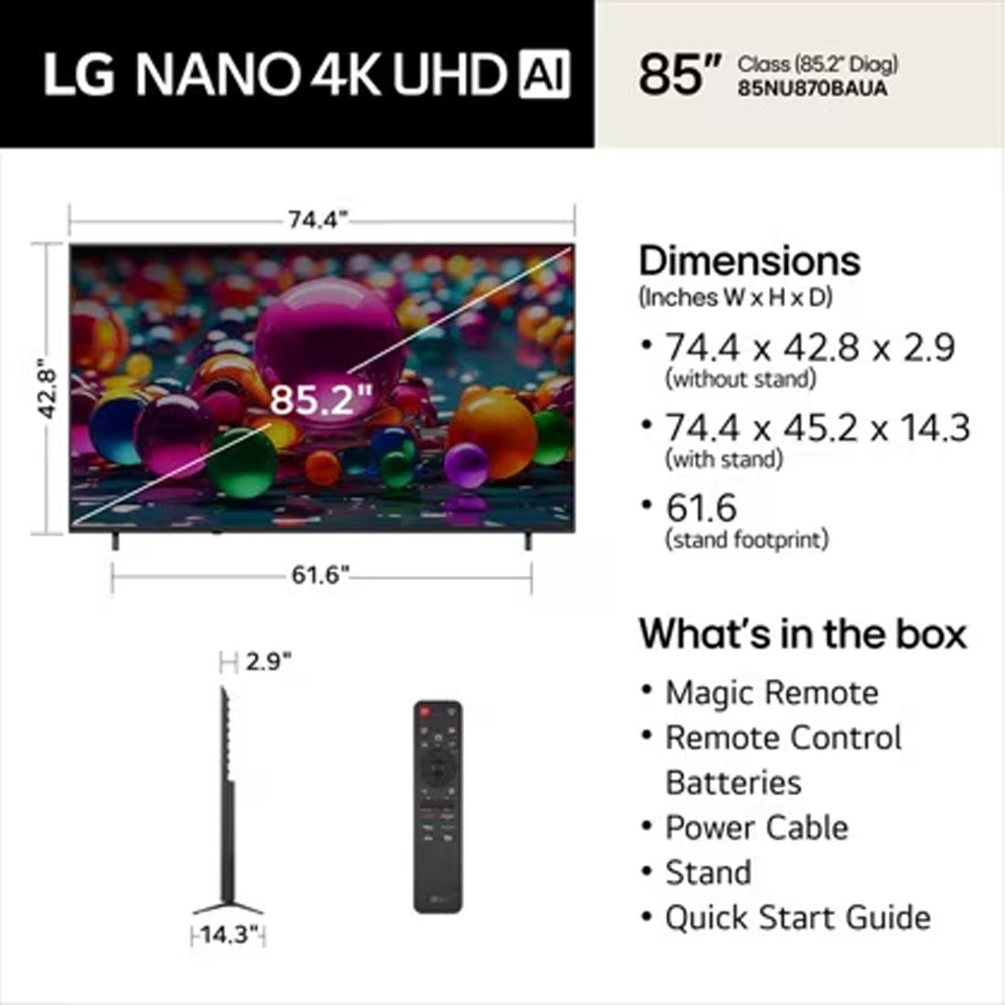 LG 85NU870BAUA 85" 4K Nano UHD AI Smart TV - 2026 Model (NU85)