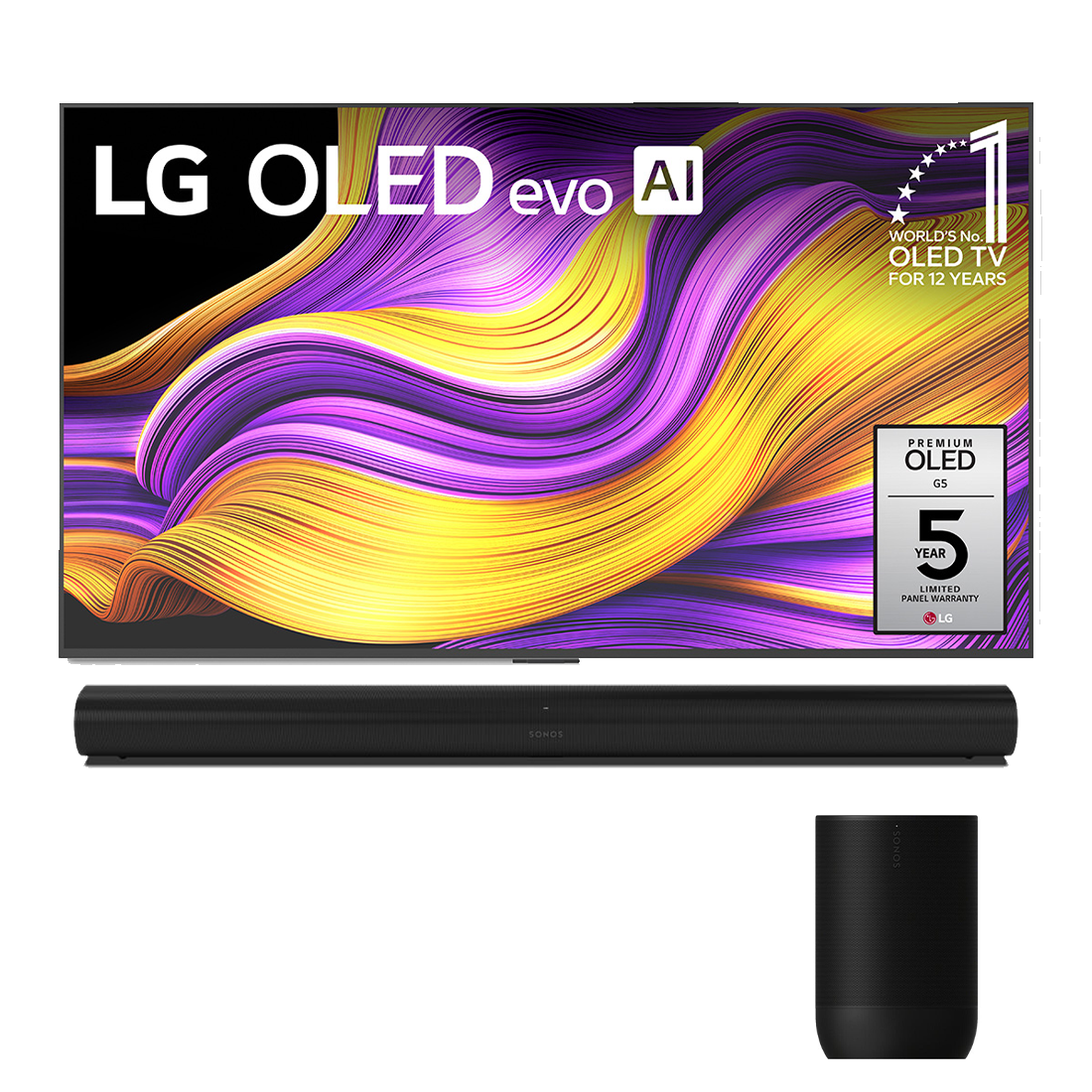 LG OLED G5 4K OLED Evo AI Concierge Smart TV - 2025 Model | Sonos 2-Room Set with Arc - Arc | Move 2 - Bundle