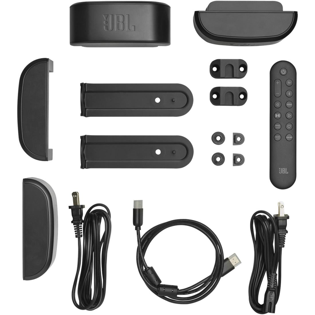 JBL product components including a remote control, cables, and mounting hardware on a white background.