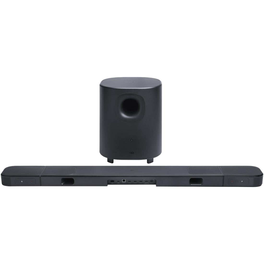 Back side of JBL Bar 1000 sound bar with 10" wireless subwoofer