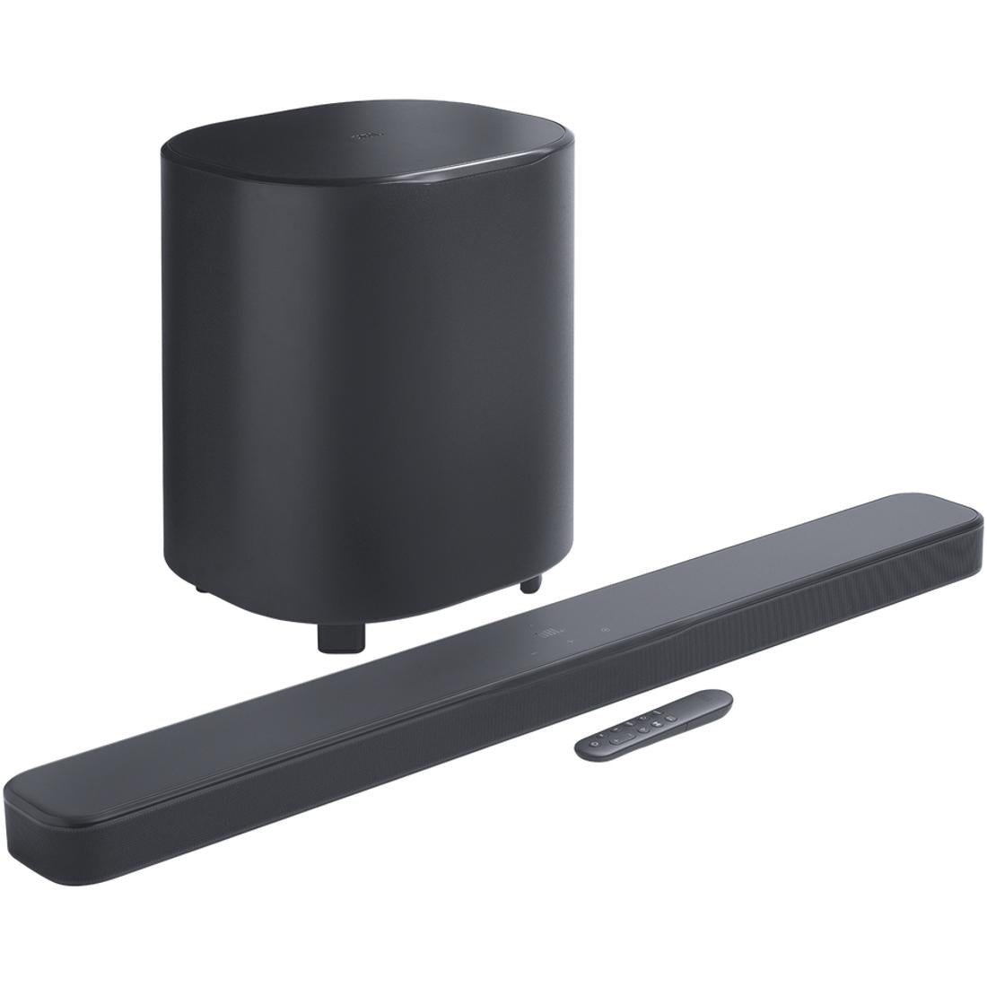 Black JBL Bar 500 soundbar and wireless subwoofer with remote on a white background