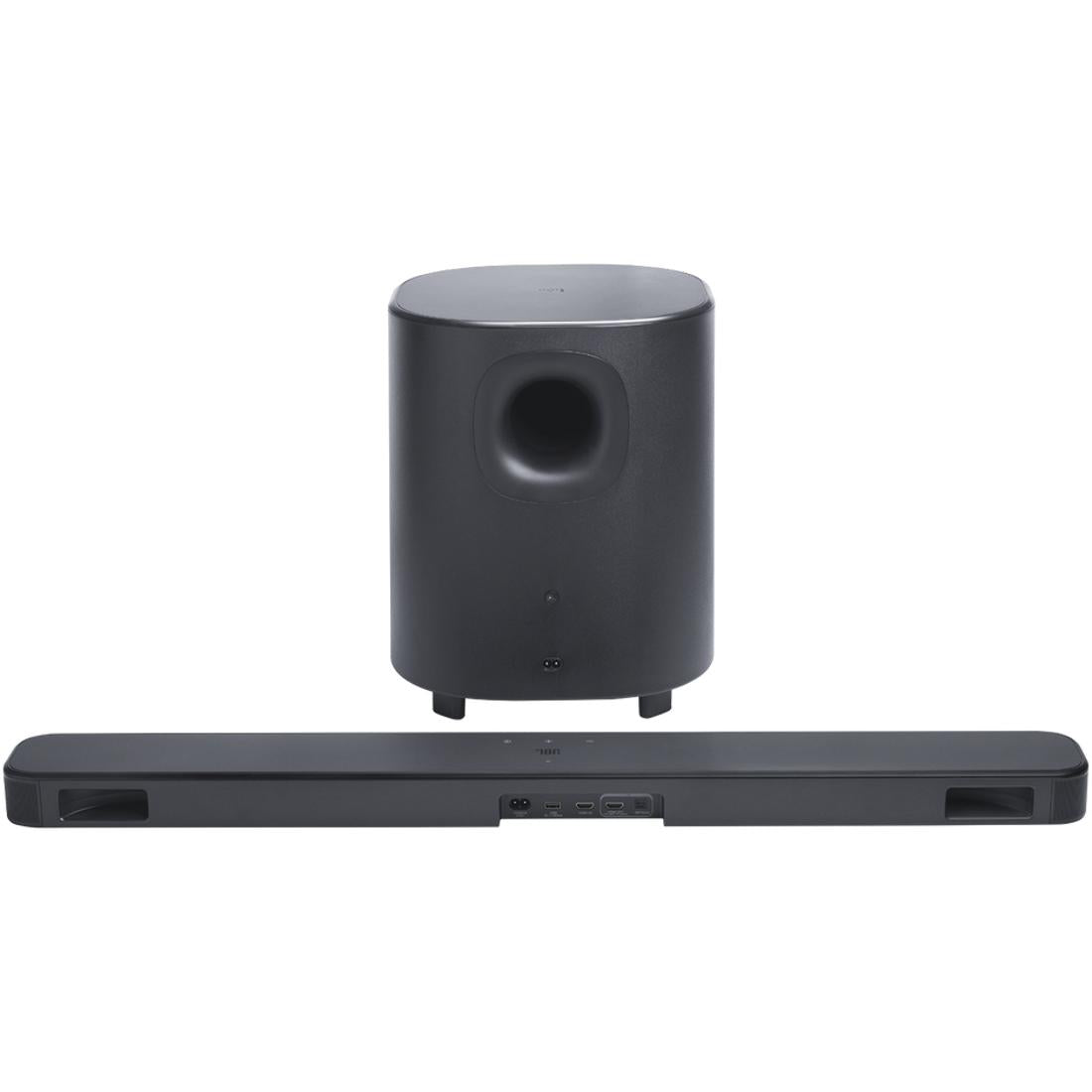 Black JBL Bar 500 soundbar with wireless subwoofer on a white background