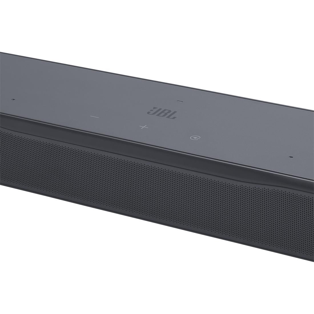 Close-up of touch controls on black JBL Bar 500 soundbar on a white background