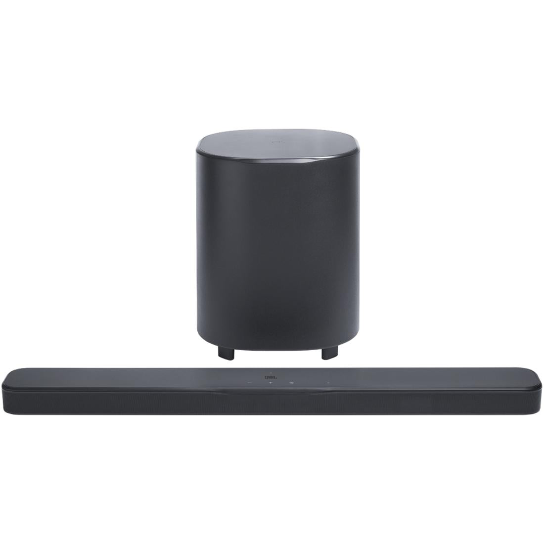 JBL Bar 500 soundbar and wireless subwoofer on a white background