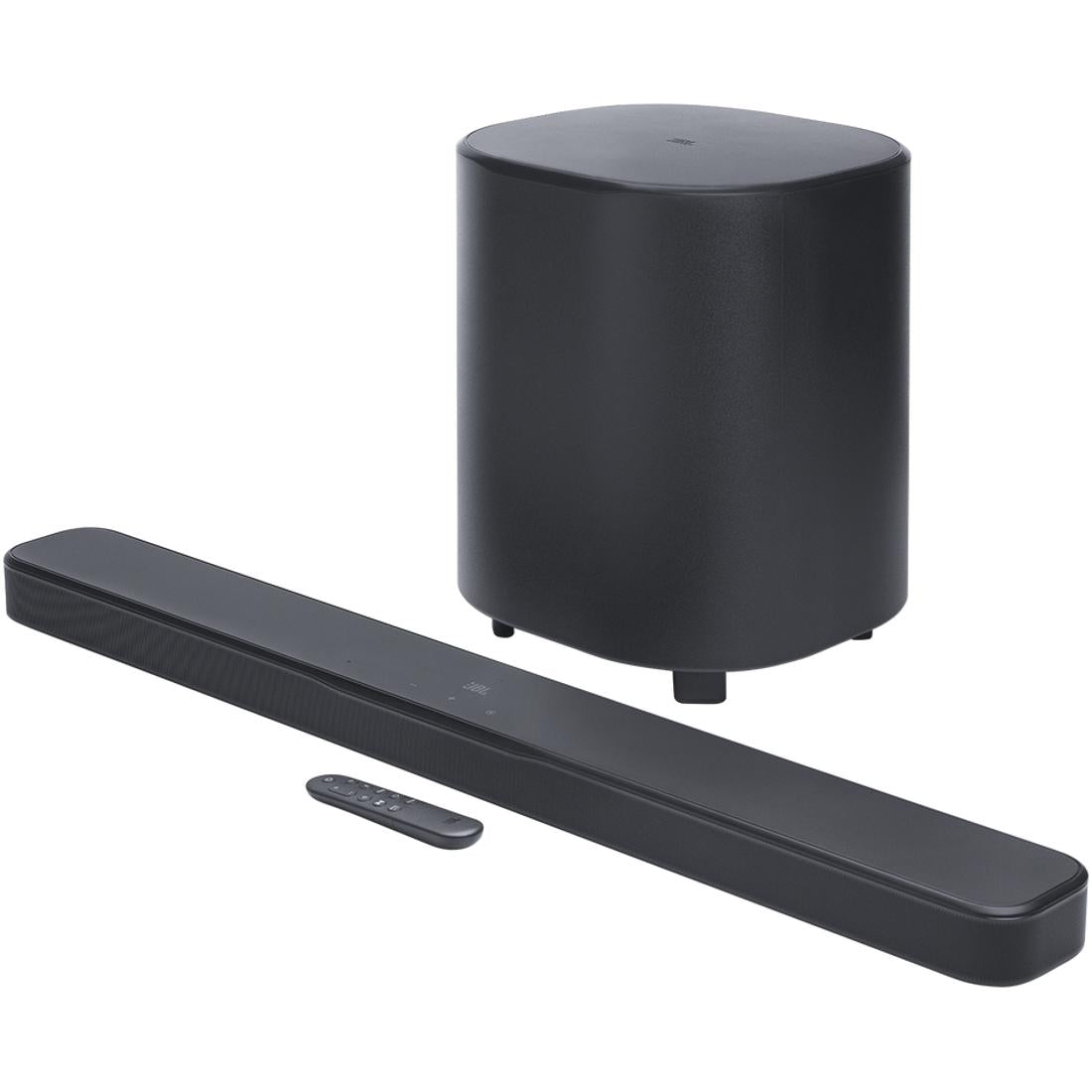 Black JBL Bar 500 soundbar and wireless subwoofer with remote on a white background