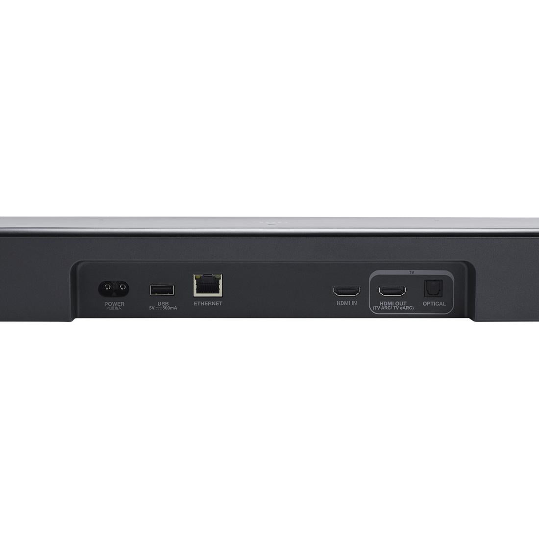Back view of JBL Bar 700 with I/O panel on a white background
