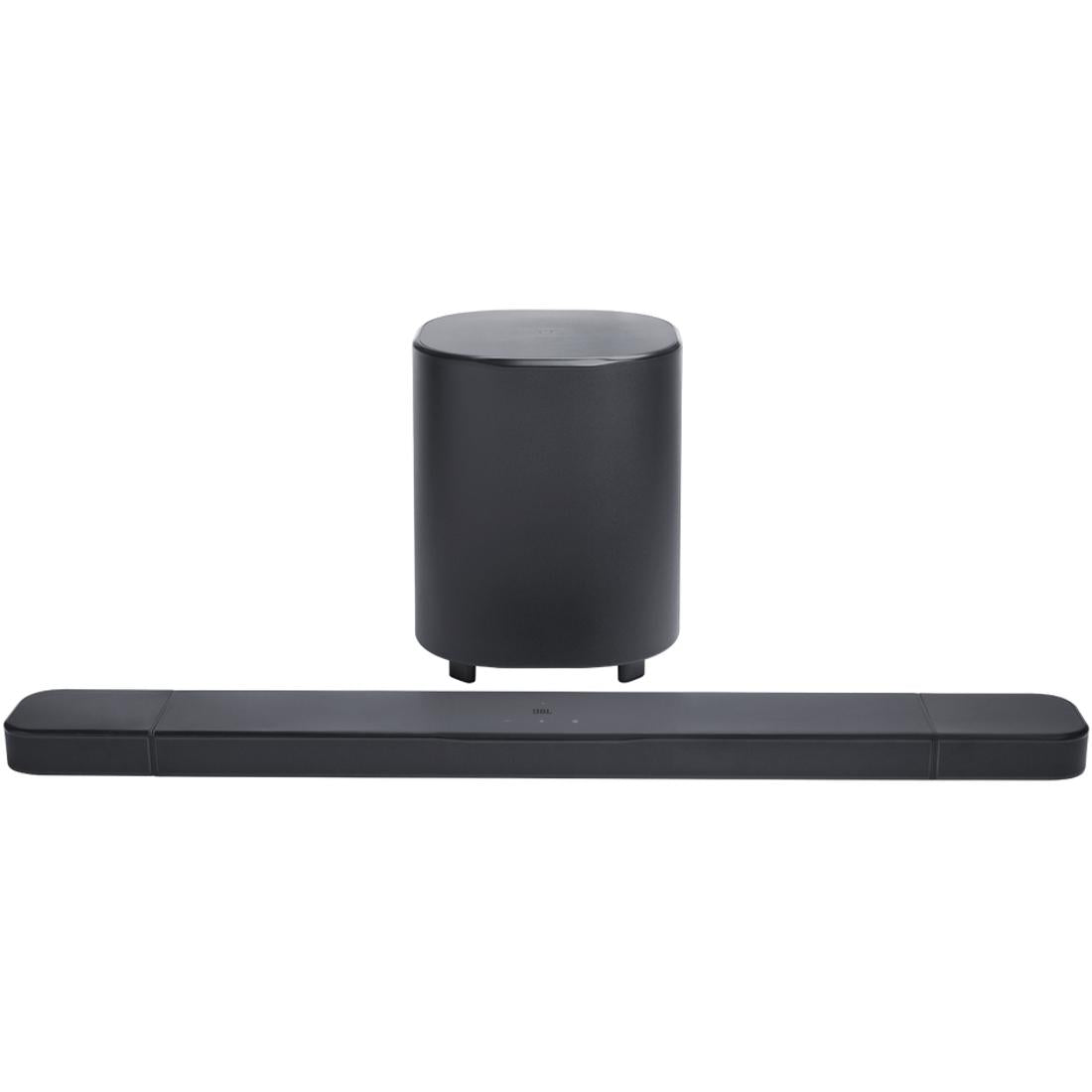 Black JBL Bar 700 soundbar and wireless subwoofer on a white background
