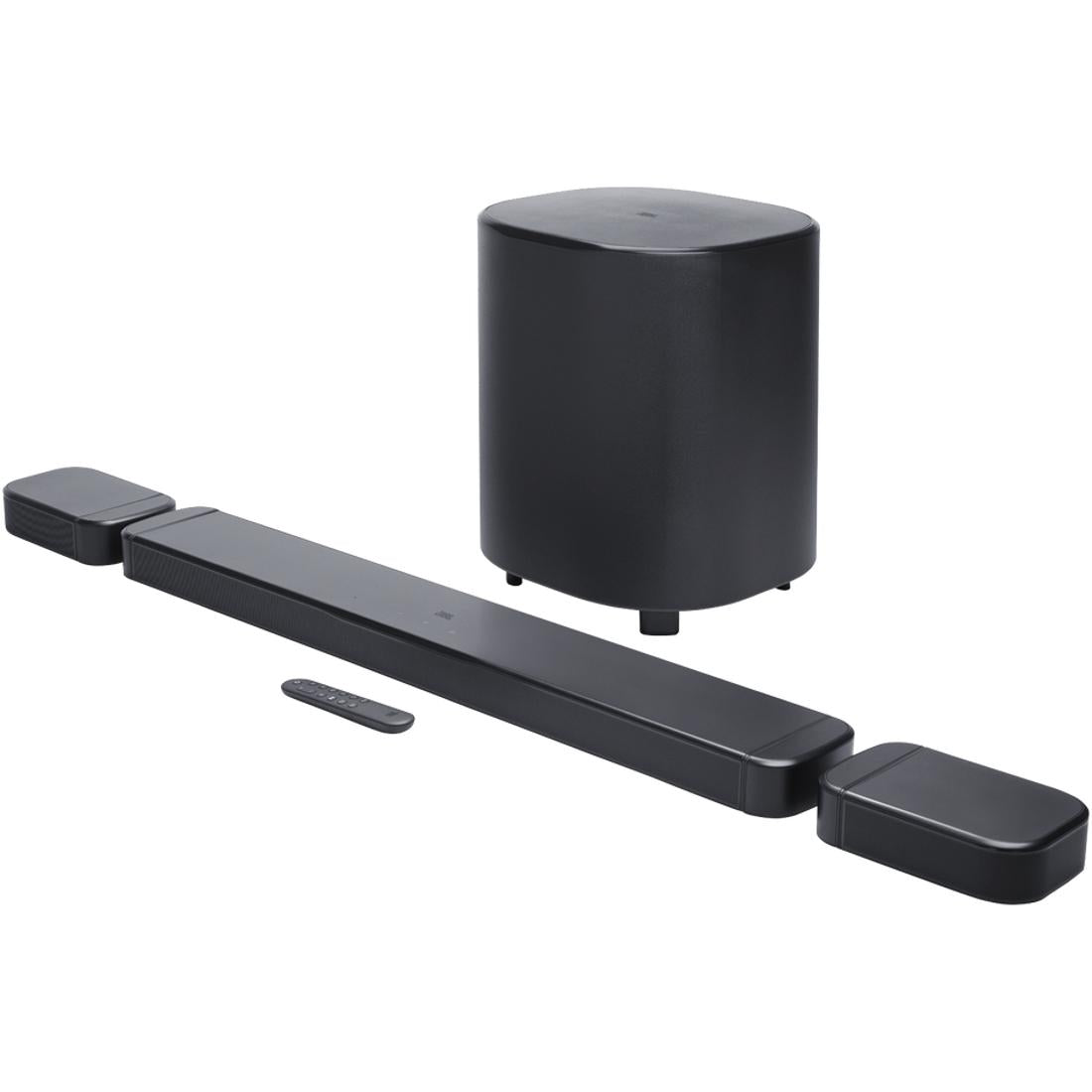 Black JBL Bar 700 soundbar with wireless subwoofer, detachable surround speakers, and remote, on a white background