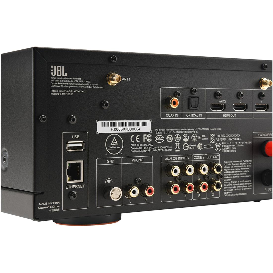 Close-up of JBL MA7100HP A/V Receiver back panel, left side