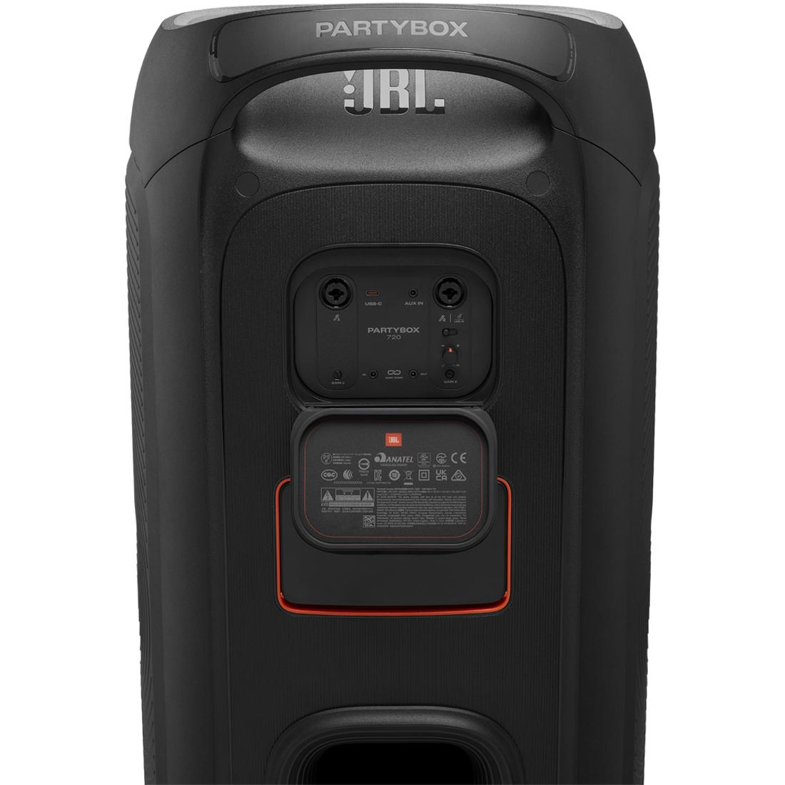 Black JBL PartyBox 720 speaker rear showing exposed I/O panel