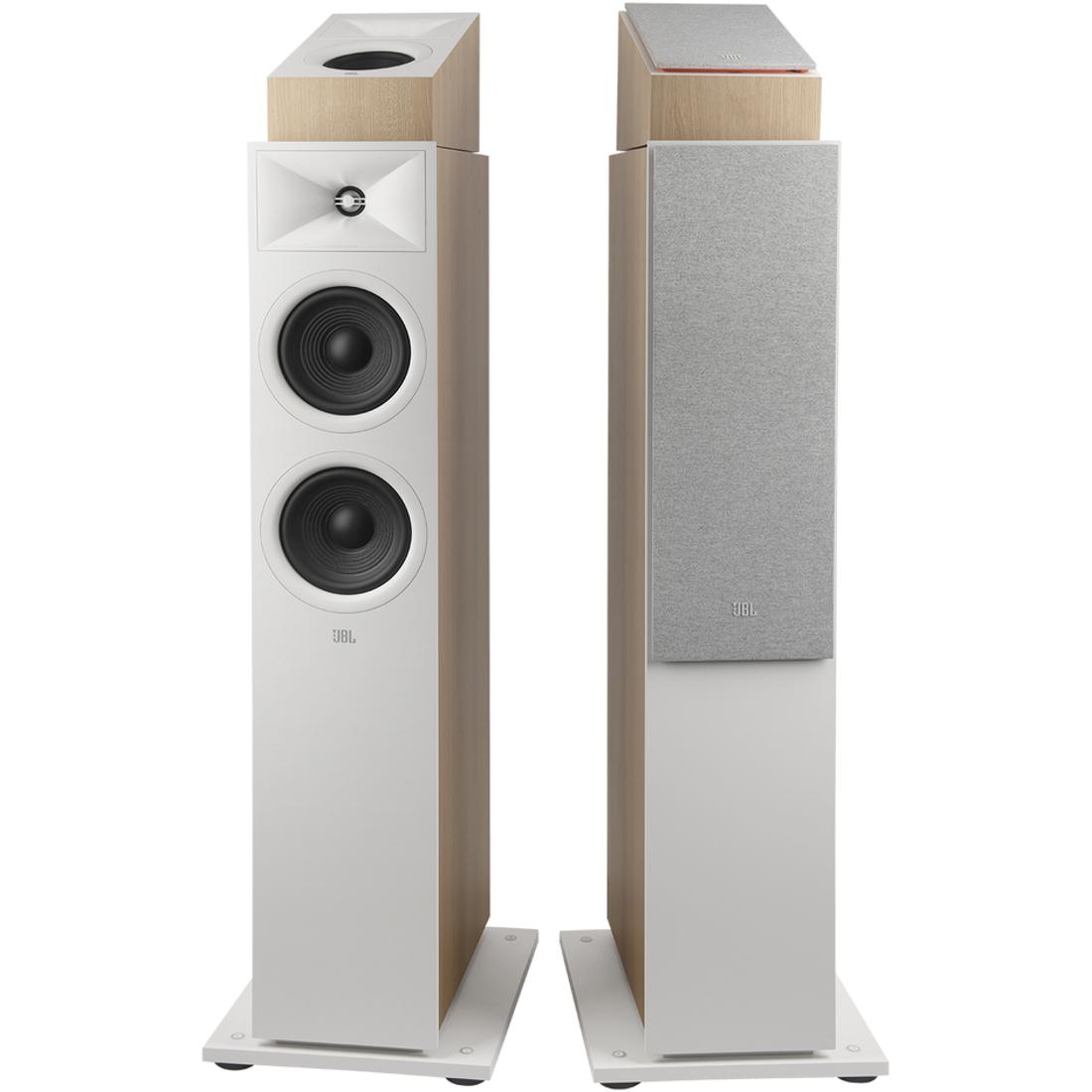 Pair of JBL Stage 260F floor-standing speakers with wooden accents in latte finish