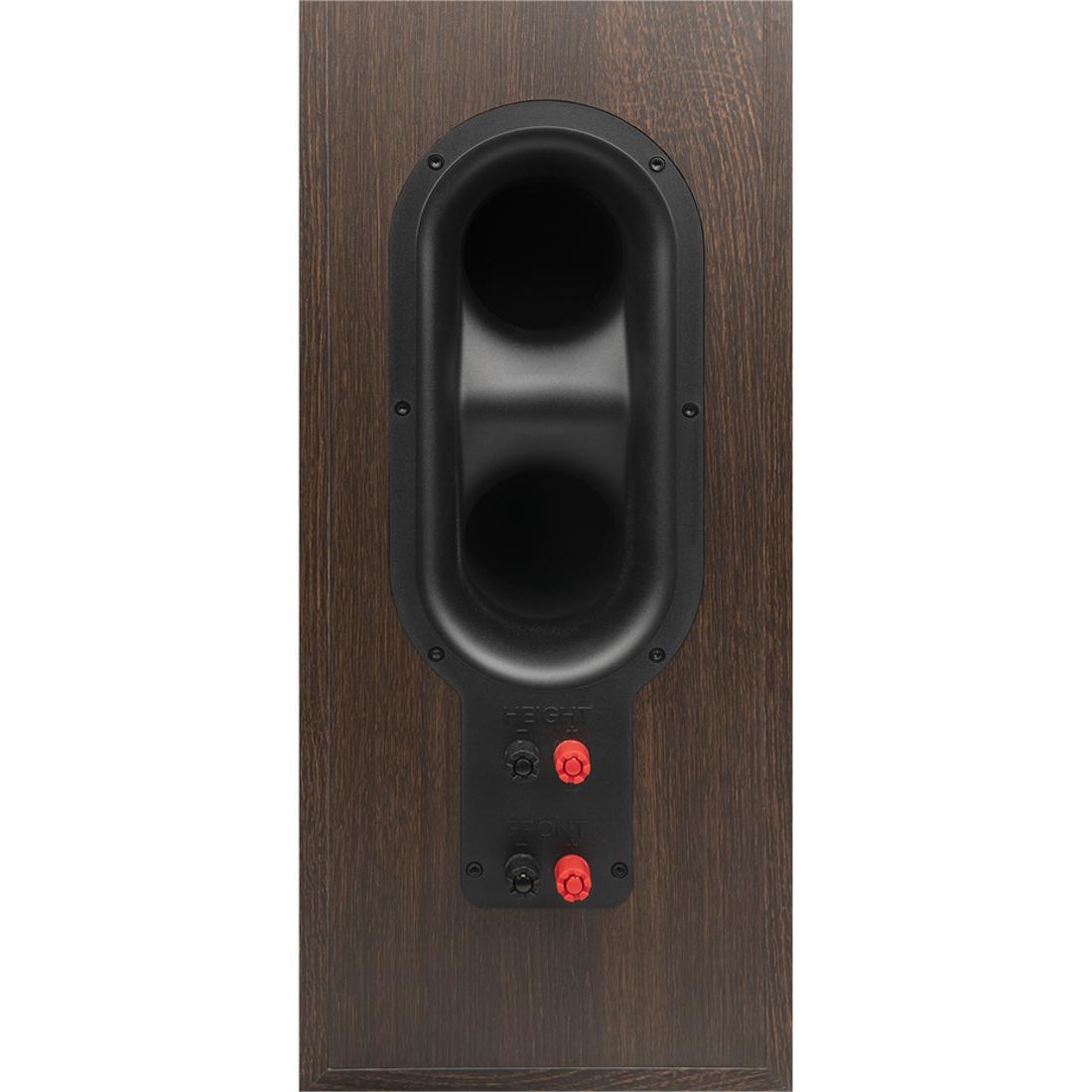 Close-up of port and terminals on a JBL Stage 260F speaker in espresso finish