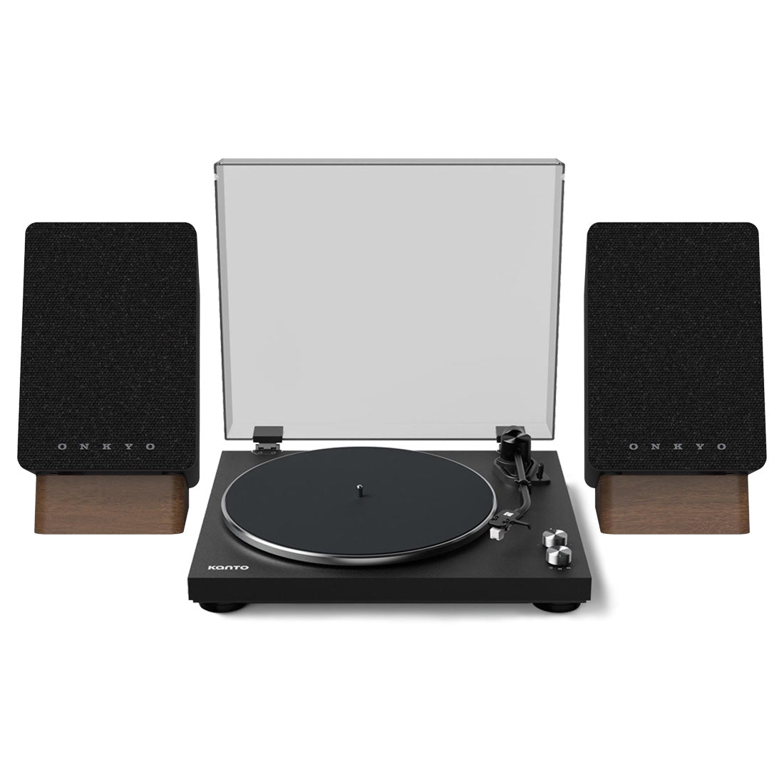 Kanto OBI3VMB Belt Drive Bluetooth Turntable | Onkyo GX-10DBB Compact Powered Bluetooth Bookshelf Speakers - Pair - Black - Bundle