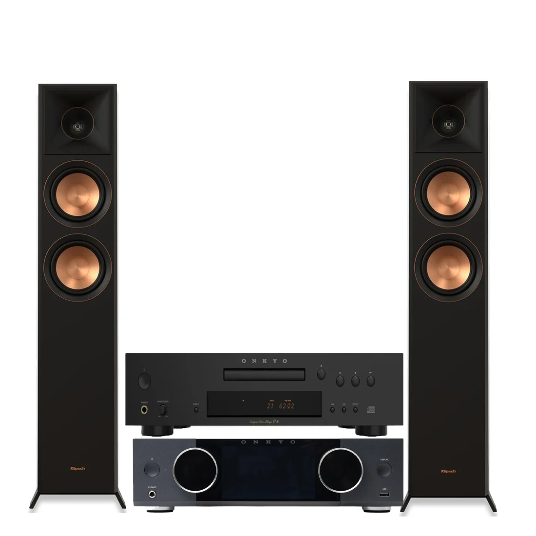 Onkyo Muse Y-50 Network Streamer Integrated Amplifier | Onkyo C30B CD Player | Klipsch RP-5000F II Floor Standing Speakers - Pair - Bundle