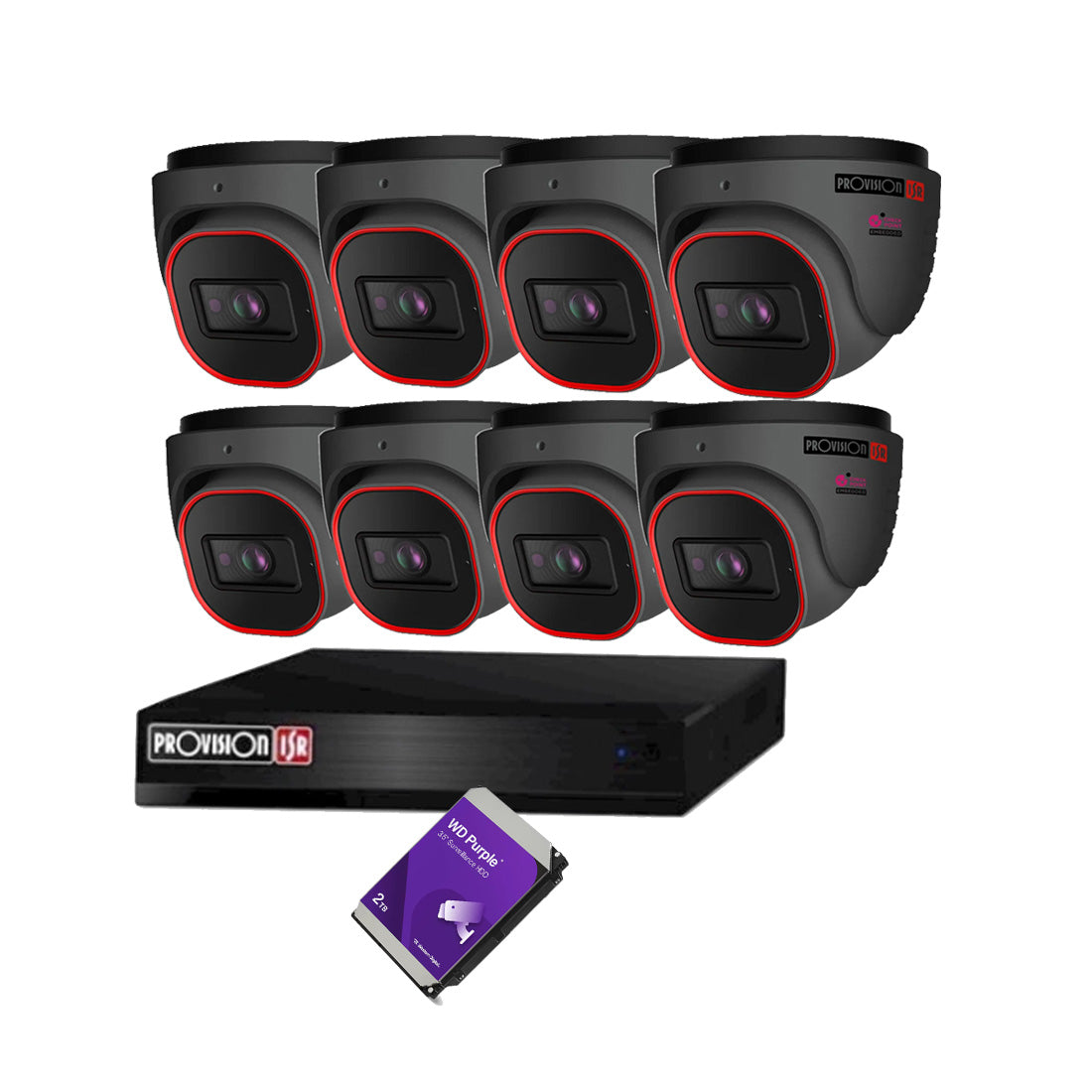 Provision-ISR 8CH IP Kit w/ 8 x 2MP Turret Cameras and 8CH 2TB NVR - Grey
