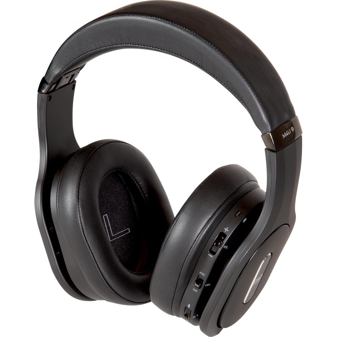 Black PSB M4U9 over-ear headphones from rear showing controls