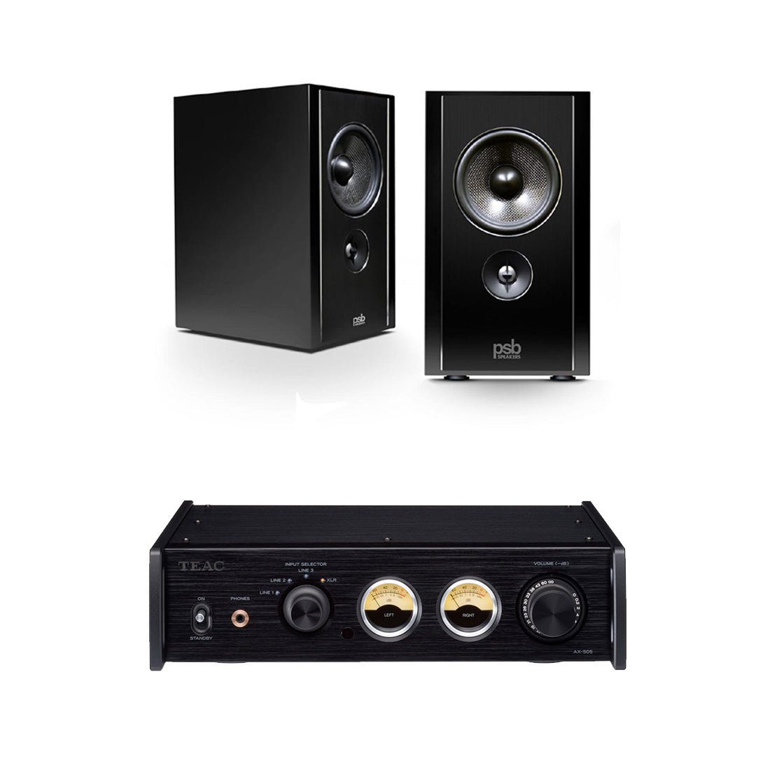 PSB Synchrony B600 High Gloss Piano Black Premium Bookshelf Speakers (Pair) | TEAC AX505B Integrated Amplifier - Bundle
