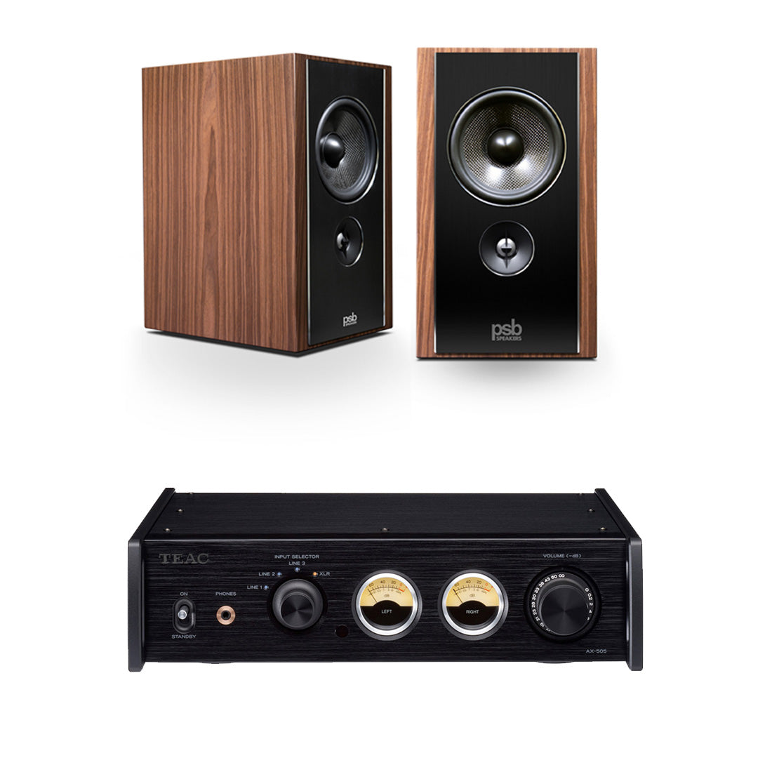 PSB Synchrony B600 Satin Walnut Premium Bookshelf Speakers (Pair) | TEAC AX505B Integrated Amplifier - Bundle