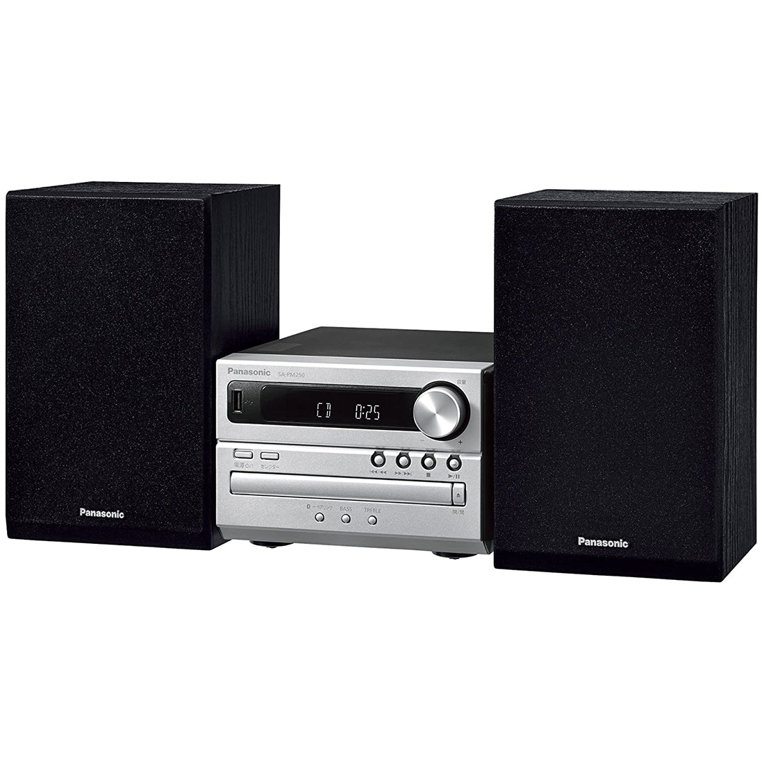 Panasonic SC-PM250 audio system with two black speakers