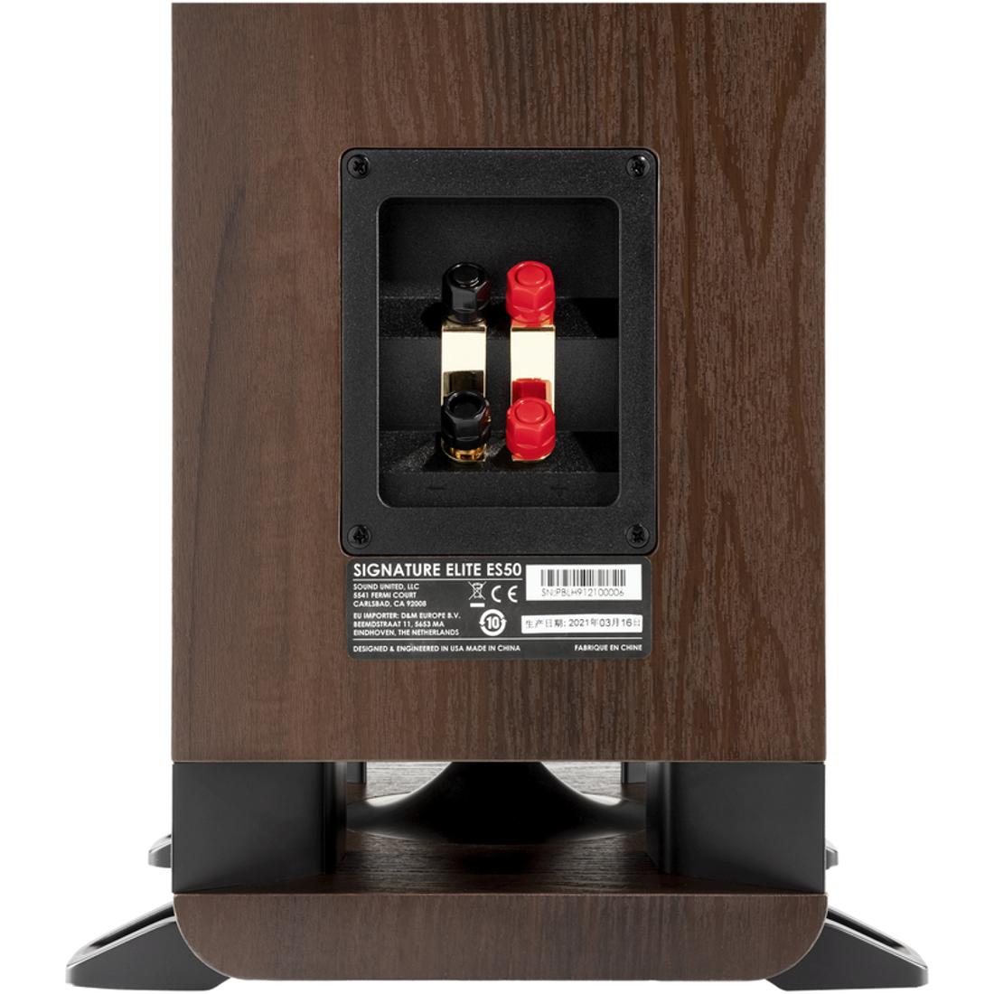 Brown Polk ES50 speaker rear, showing terminals