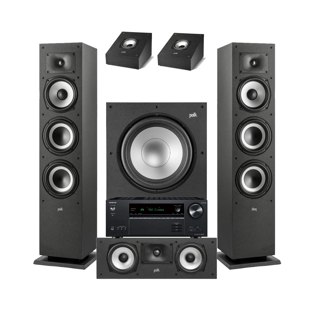 Onkyo TX-NR6100 7.2 Channel THX Certified Network A/V Receiver | Polk Audio XT60 Floor Standing Speakers – Pair | Polk Audio Monitor XT30 Center Channel | XT90 Height Speakers- Pair | Polk Audio XT12 12” Subwoofer - Bundle
