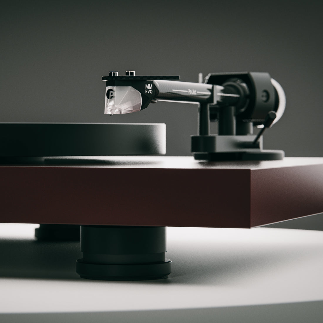 Close-up of Pro-Ject Debut Evo 2 turntable with a Pick It MM Evo cartridge