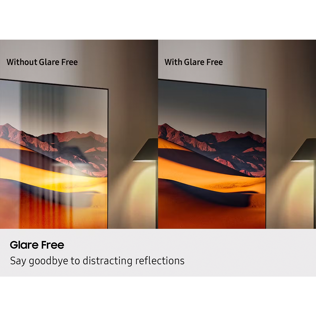 Comparison of a screen with and without glare-free technology, showing a mountain landscape.