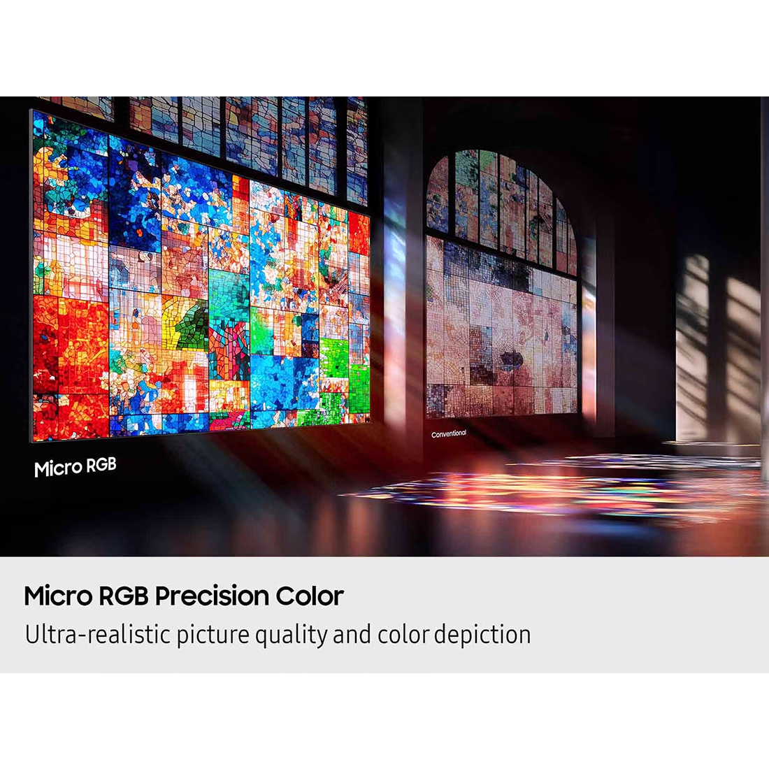 Multicolored stained glass windows with 'Micro RGB' text on a screen.